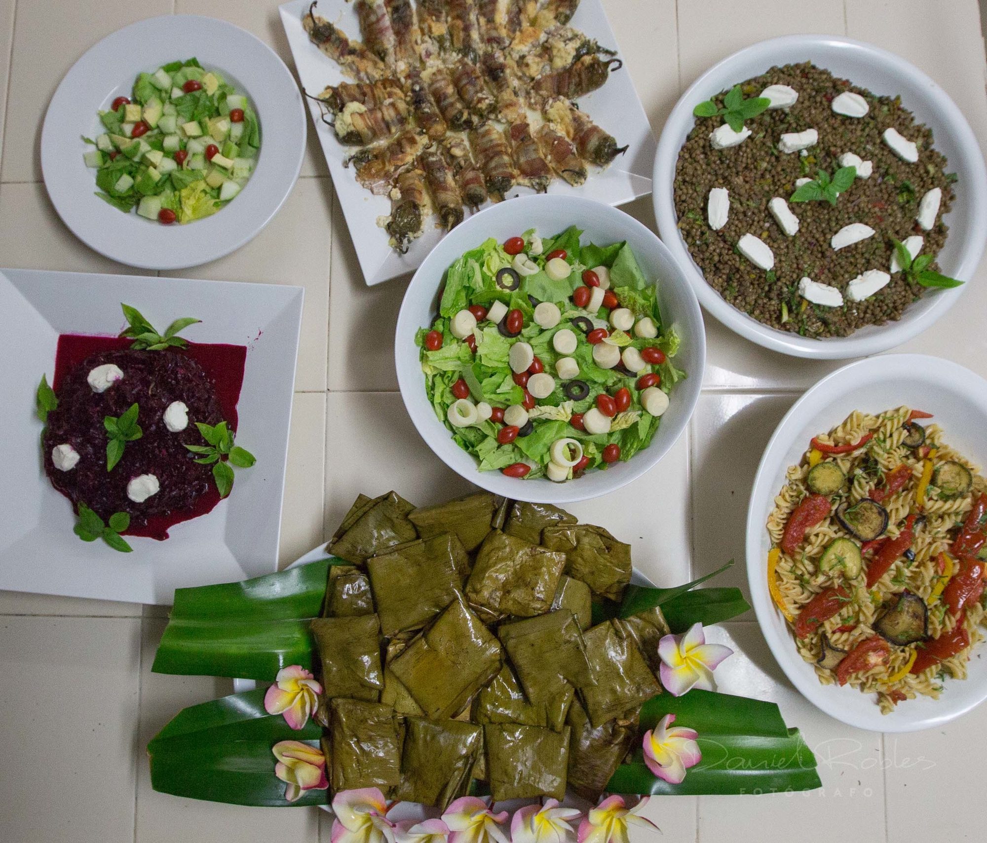 Un assortiment de salades, feuilles farcies et entrées