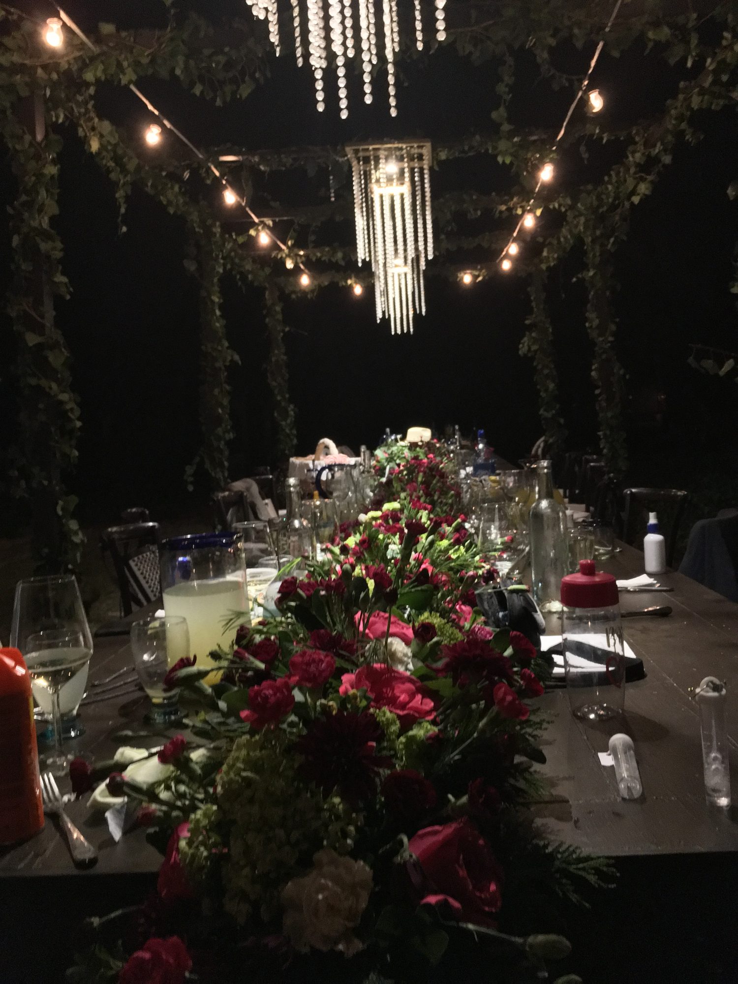 A candlelit table with red roses